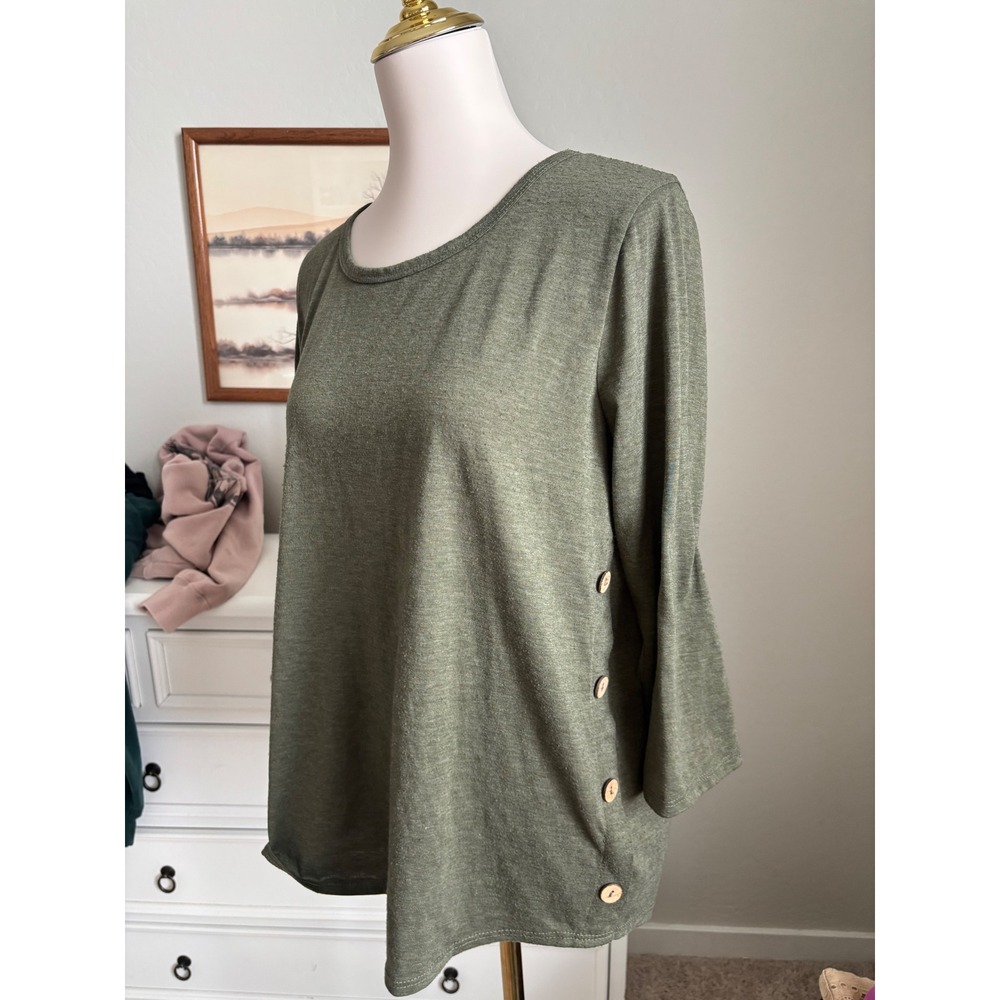 Misia Olive Green Knit Top 3/4 Sleeve Button Detail Casual Vintage Style Large